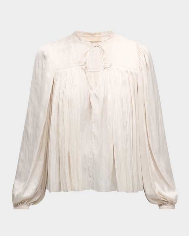 Freja Pleated Blouson-Sleeve Blouse